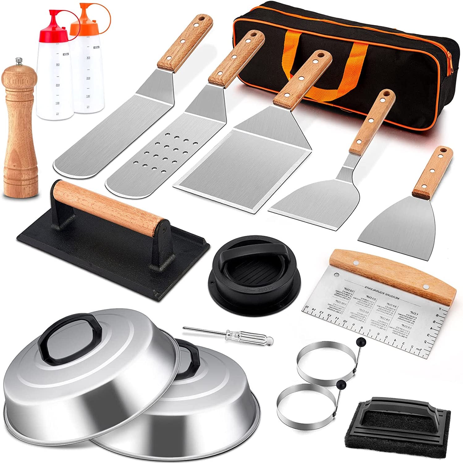Griddle Accessories Set of 18. Stainless Steel Flat Top Grilling Accessory Outdoor Camping BBQ Cooking Tools. with Grill Spatulas. Scraper. Melting Dome. Burger Turner. Portable Carrying Bag