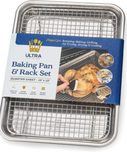 Oven-Safe Baking Pan with Cooling Rack Set - Quarter Sheet Pan Size - Includes Premium Aluminum Baking Sheet and 100% Stainless Steel Baking Rack for Oven - Durable. Easy Clean. Commercial Quality