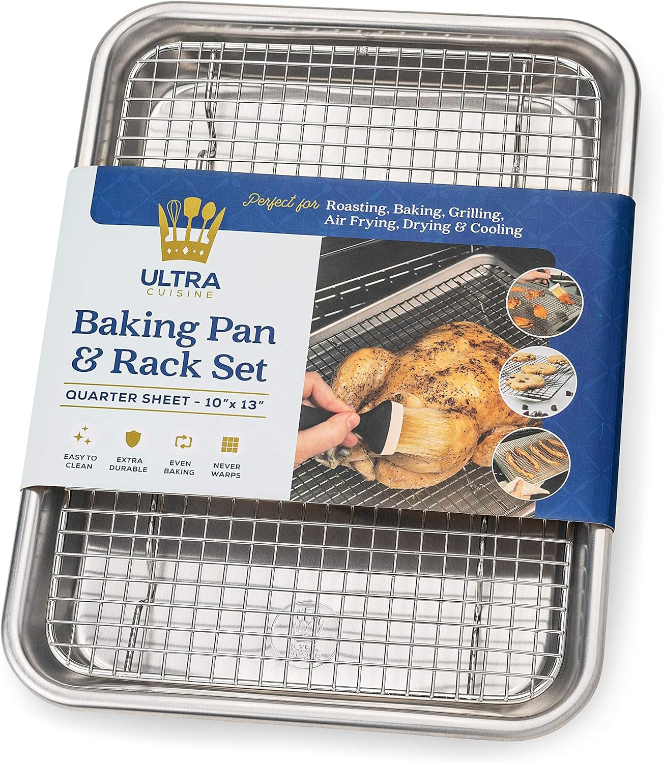 Oven-Safe Baking Pan with Cooling Rack Set - Quarter Sheet Pan Size - Includes Premium Aluminum Baking Sheet and 100% Stainless Steel Baking Rack for Oven - Durable. Easy Clean. Commercial Quality