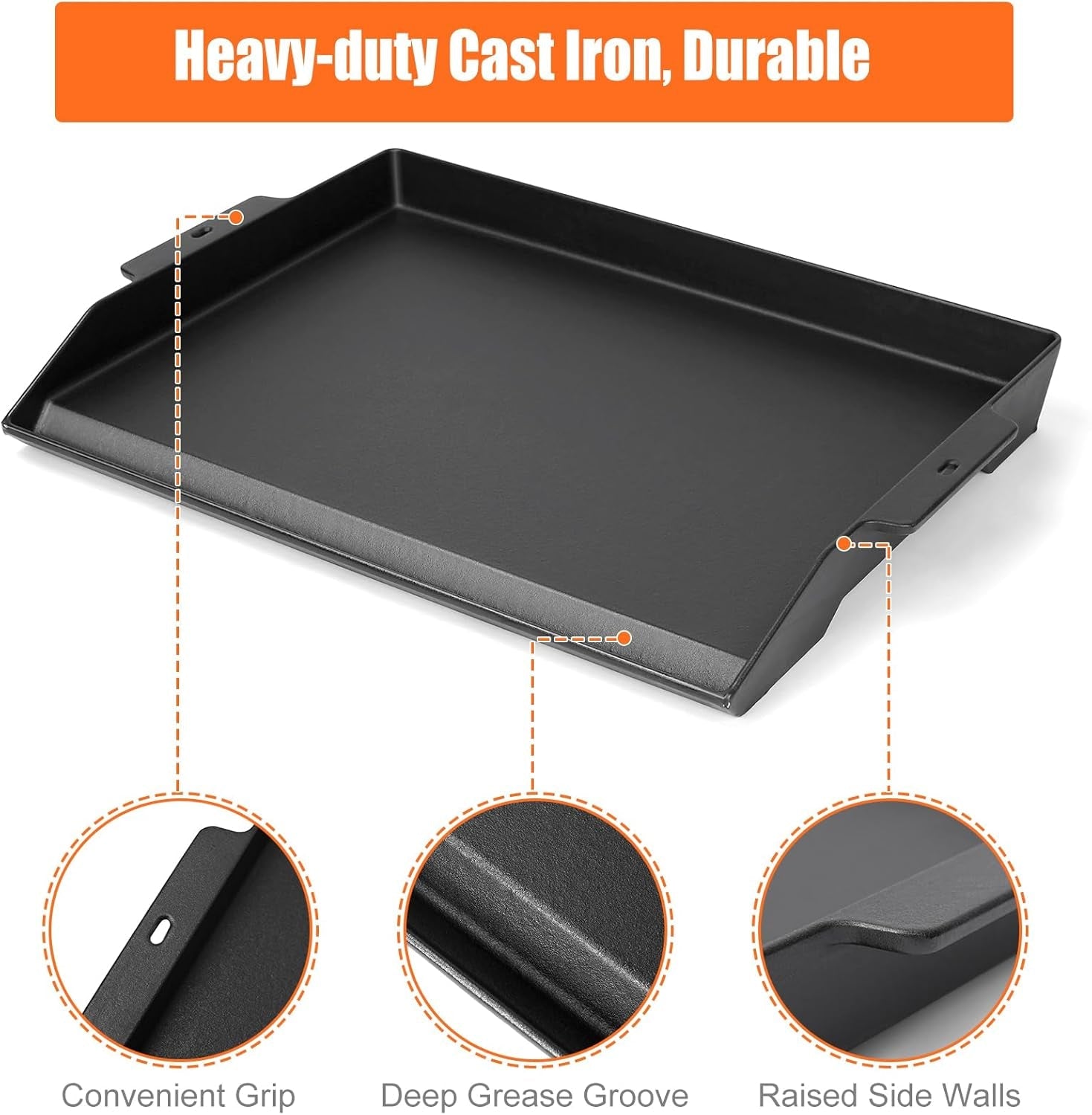 Universal Cast Iron Cooking Griddle 23 X 16. Nonstick Cast Iron Griddle Flat Top. Grill Plate with Extra High Sidewalls and Deep Grease Groove for Gas Grills and 4-5 Burner Range Oven - Image 3