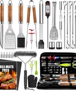 34Pcs Grill Accessories Grilling Gifts for Men. 16 Inches Heavy Duty BBQ Accessories. Stainless Steel Grill Tools with Thermometer. Grill Mats for Backyard. BBQ Gifts Set for Men Women