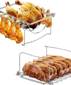 BMMXBI Foldable 3-In-1 Chicken Leg Rib Rack for Grill. Oven. Holds 12 Chicken Leg Wing. 6 Large Ribs. 1 Whole Chicken. Stainless Steel Rib Chicken Drumstick Roasting Racks Smoker Accessories
