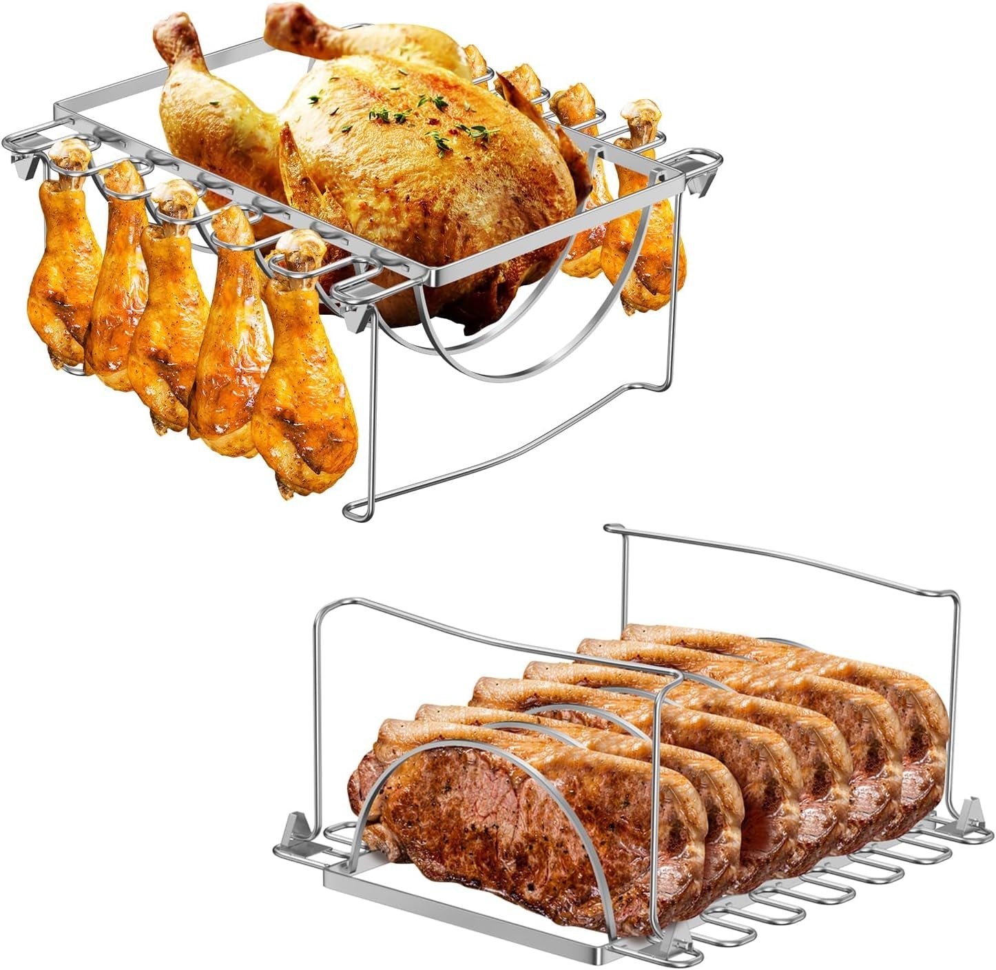 BMMXBI Foldable 3-In-1 Chicken Leg Rib Rack for Grill. Oven. Holds 12 Chicken Leg Wing. 6 Large Ribs. 1 Whole Chicken. Stainless Steel Rib Chicken Drumstick Roasting Racks Smoker Accessories