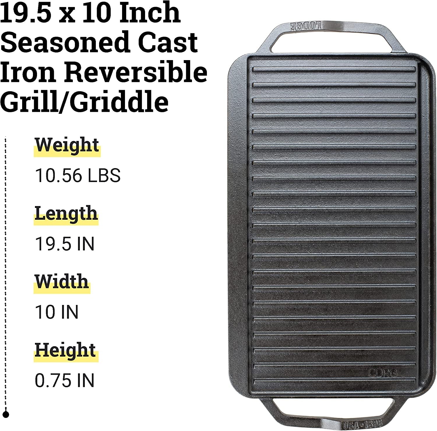 Chef Collection Cast Iron Reversible Grill/Griddle - Cast Iron Flat Griddle & Grill for Stovetop. Oven. Grill. or Open Fire - Double Burner Cast Iron Skillet with Handles - Image 6