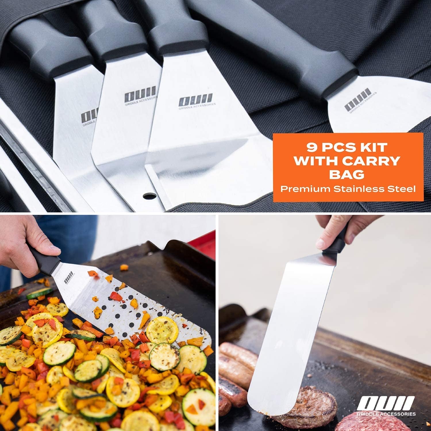 OUII Flat Top Griddle Accessories for Blackstone and Camp Chef Griddle - 9 Pieces Set with Griddle Cleaning Kit and Carry Bag! Metal Spatula. Scraper for Hibachi and Teppanyaki Grill - Image 4