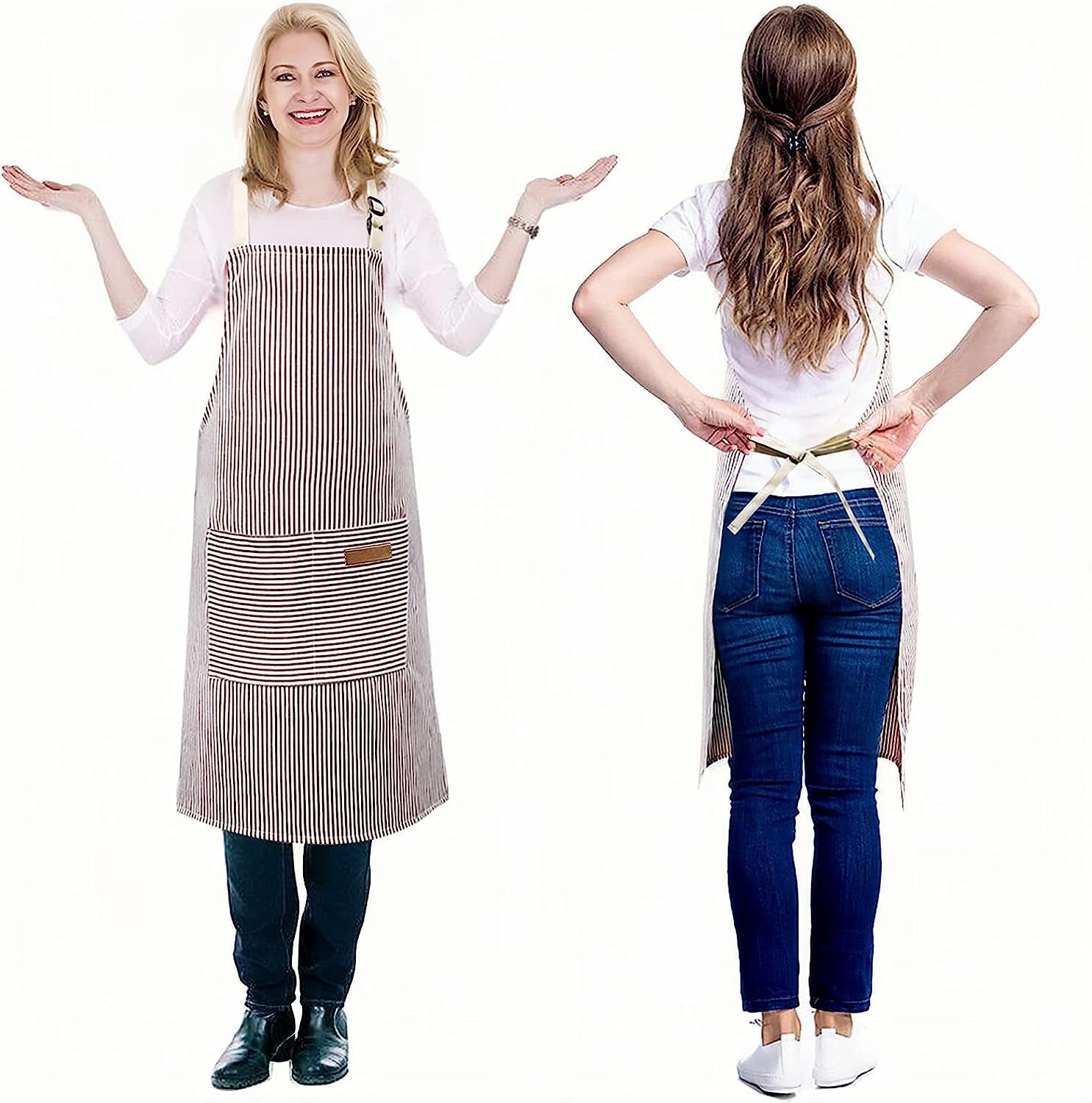 2 Pack Apron. Cotton Cooking Kitchen Aprons. Adjustable Bib Apron with 2 Pockets for Men Women Chef Aprons.(Black/Brown Stripes) - Image 7