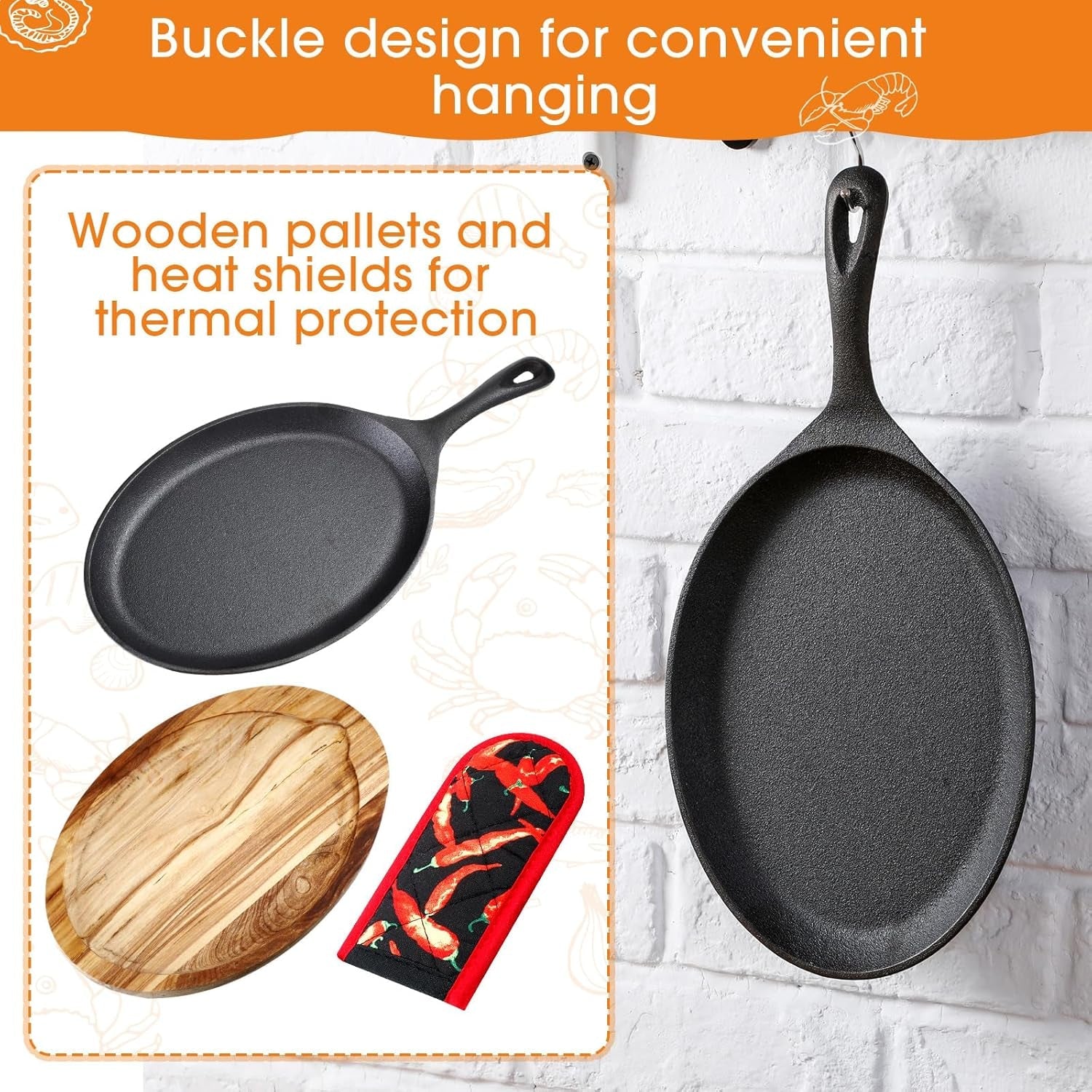 Lallisa 2 Sets Cast Iron Fajita Plate Set Fajita Plate Pan with Wooden Tray anti Scald Protection Hot Mitt Cast Iron Skillet Set for Home Barbecue Kitchen Party Restaurant Catering Service - Image 3