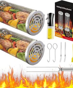 Rolling Grilling Baskets for Outdoor Grill Bbq  .Stainless Steel Grill Mesh Barbeque Grill Accessories.Outdoor round BBQ Stainless Steel Grill Basket Campfire Grill Grid - Camping Picnic Cookware (2Pc-12.2In*3.9In+11.8In*3.5In)