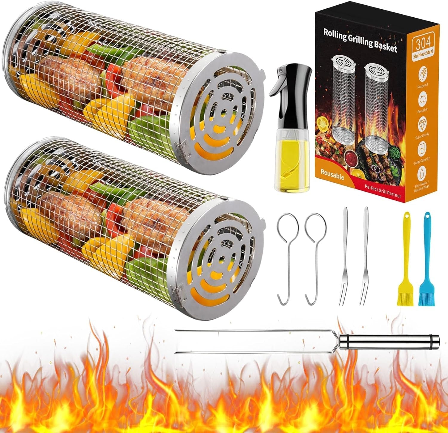 Rolling Grilling Baskets for Outdoor Grill Bbq .Stainless Steel Grill Mesh Barbeque Grill Accessories.Outdoor round BBQ Stainless Steel Grill Basket Campfire Grill Grid - Camping Picnic Cookware (2Pc-12.2In*3.9In+11.8In*3.5In)