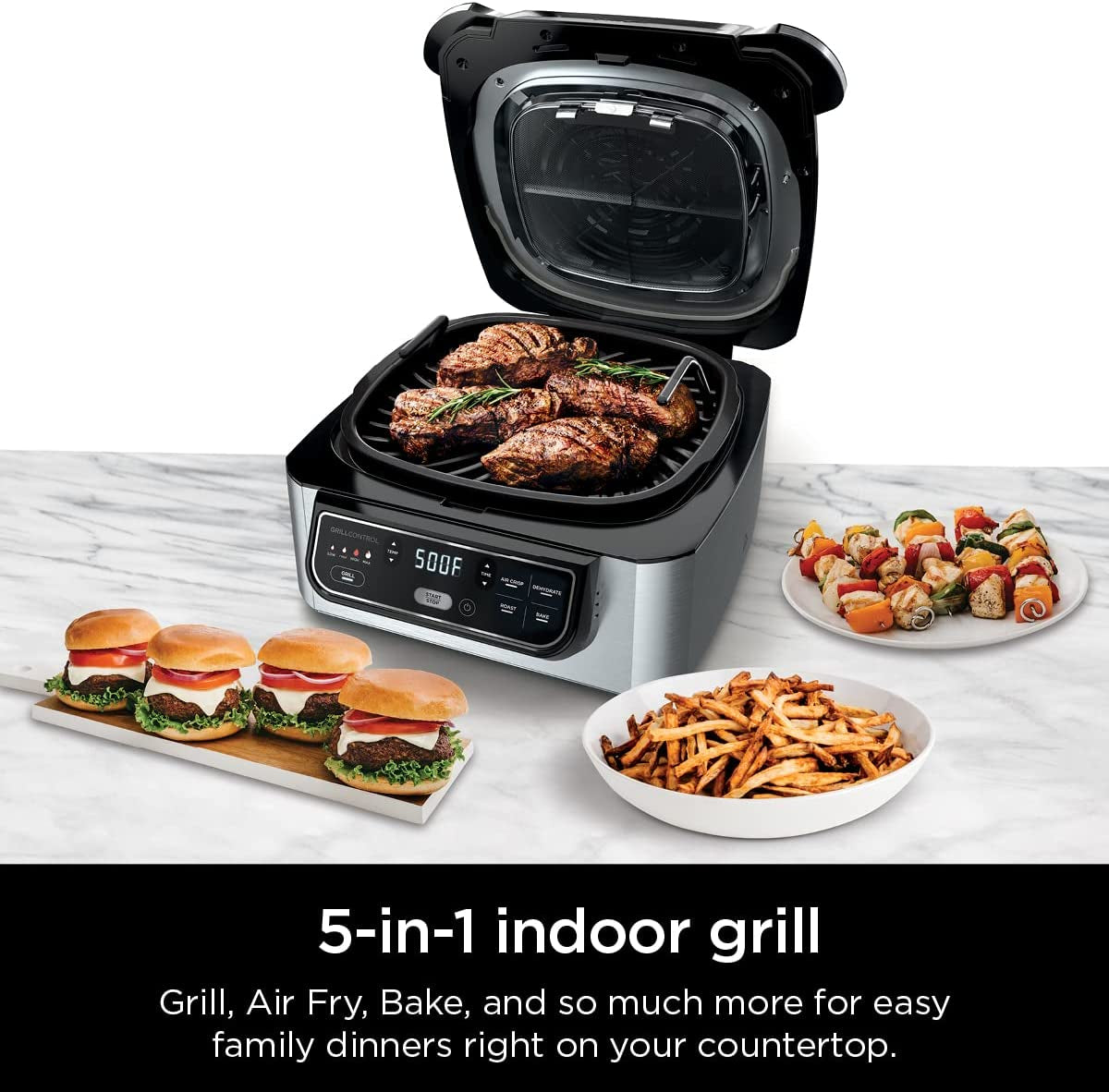 AG301 Foodi 5-In-1 Indoor Electric Grill with Air Fry. Roast. Bake & Dehydrate - Programmable. Black/Silver - Image 2