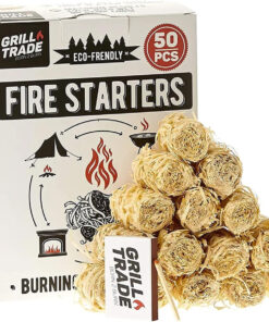 Grill Trade Firestarters 50 Pcs | Natural Fire Starters for Fireplace. Wood Stove. Campfires. Fire Pit. BBQ. Chimney. Pizza Oven | All Weather Charcoal Starters Waterproof Indoor/Outdoor Eco Friendly