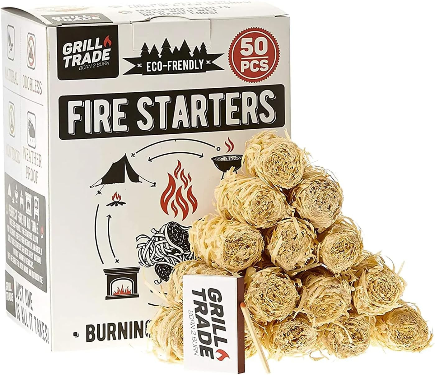 Grill Trade Firestarters 50 Pcs | Natural Fire Starters for Fireplace. Wood Stove. Campfires. Fire Pit. BBQ. Chimney. Pizza Oven | All Weather Charcoal Starters Waterproof Indoor/Outdoor Eco Friendly