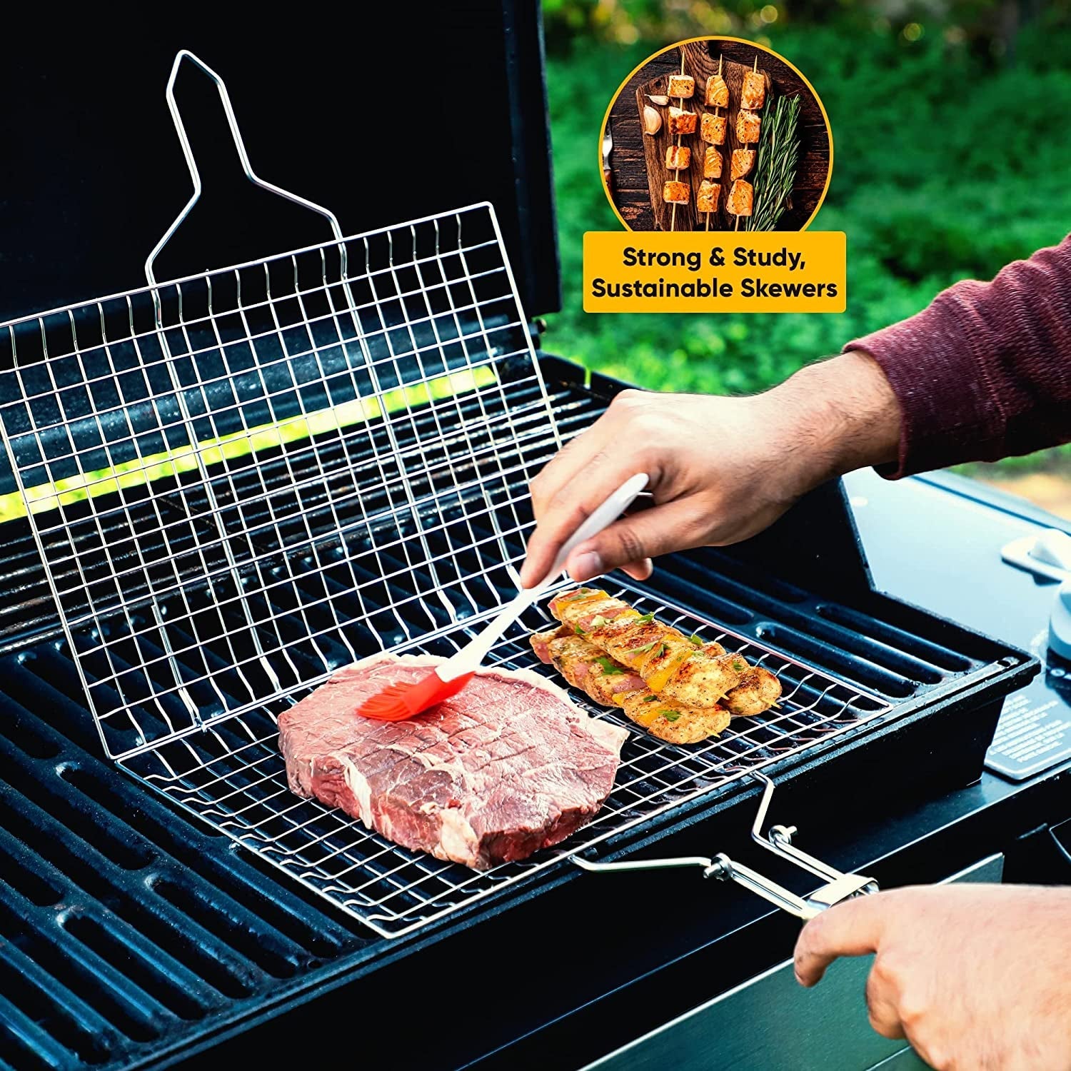 BBQ Fish Grill Basket for Outdoor Grill. Stainless Steel Vegetable Grilling Basket with Detachable and Foldable Handle Includes 50 Bamboo Skewers. Basting Brush. and Carry Bag - Image 3