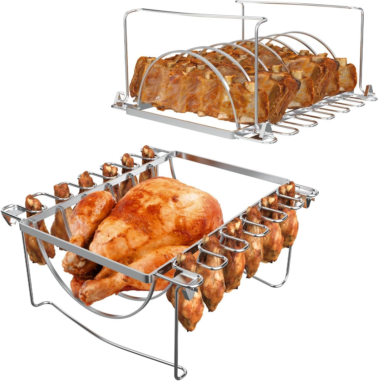 TAILGRILLER 3 in 1 Rib Racks & Chicken Leg Rack for Grill & Smoke. Foldable Roasting Rack. Roast up to 6 Large Ribs. 12 Chicken Leg. 1 Whole Chicken