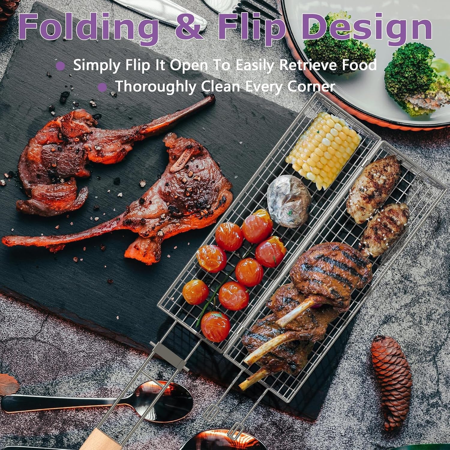 Rolling Grill Basket. Grill Baskets for Outdoor Grill. REMOVABLE HANDLE. Anti-Scorch Stainless Steel BBQ Net Tube for Meat. Shrimp. Vegetables. Grill Accessories. Gifts for Dad. Husband (Round) - Image 7