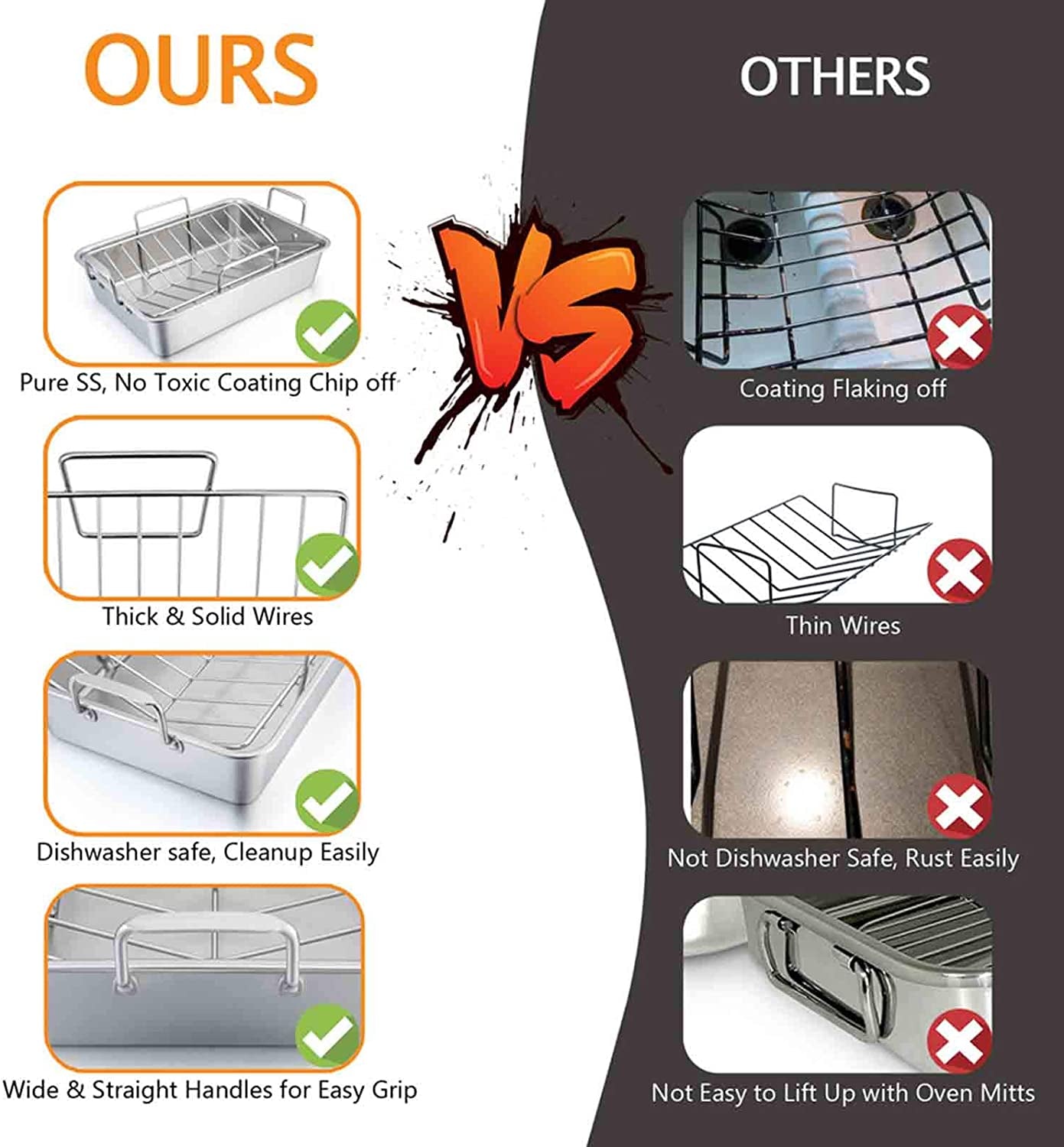 Teamfar Roasting Pan. 15 Inch Large Turkey Roaster Lasagna Pan with V Rack & Cooling Rack Set Stainless Steel for Thanksgiving Christmas. Healthy & Heavy Duty. Deep Side & Dishwasher Safe - 3 PCS - Image 3