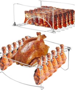 3-In-1Turkey Roasting Rack Rib Rack for Smoking & Chicken Leg Rack for Oven Grill - Holds 6 Large Ribs. 12 Chicken Leg Wing. 1 Whole Chicken - Premium Foldable Space-Saving Grilling Smoking Accessory