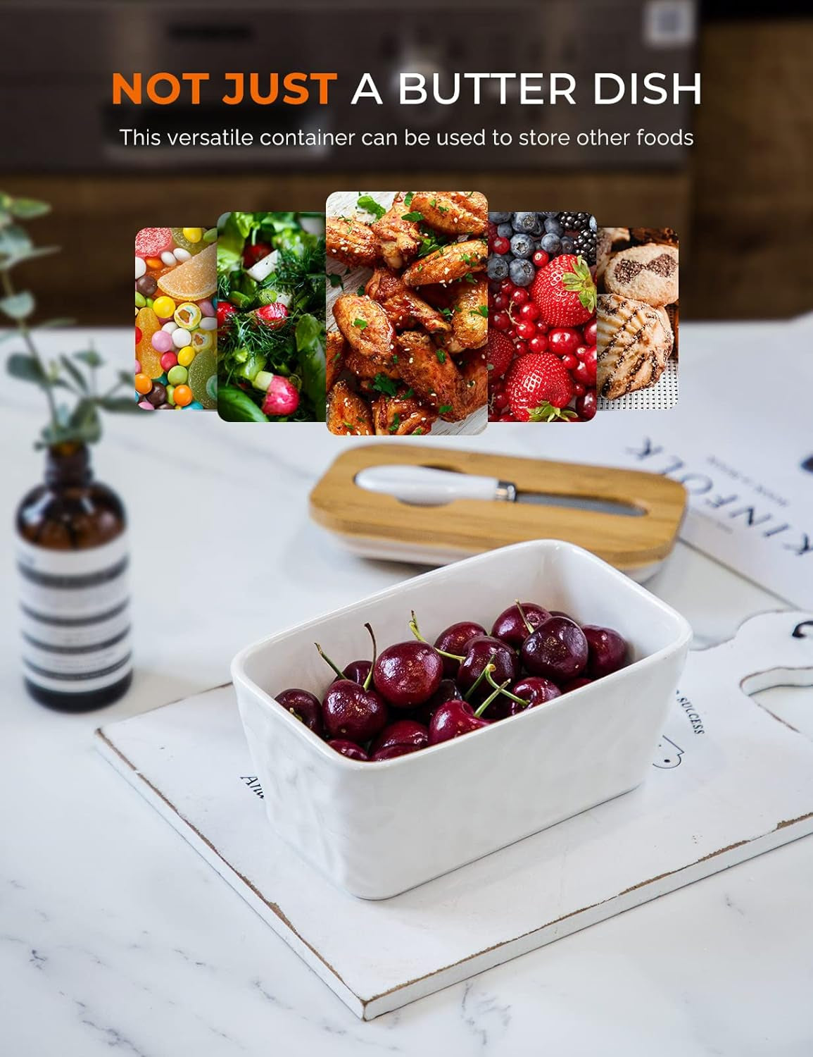 Large Ceramic Butter Dish with Lid & Knife – Double Silicone Seal. White Stoneware for Countertop & Farmhouse Decor - Image 3