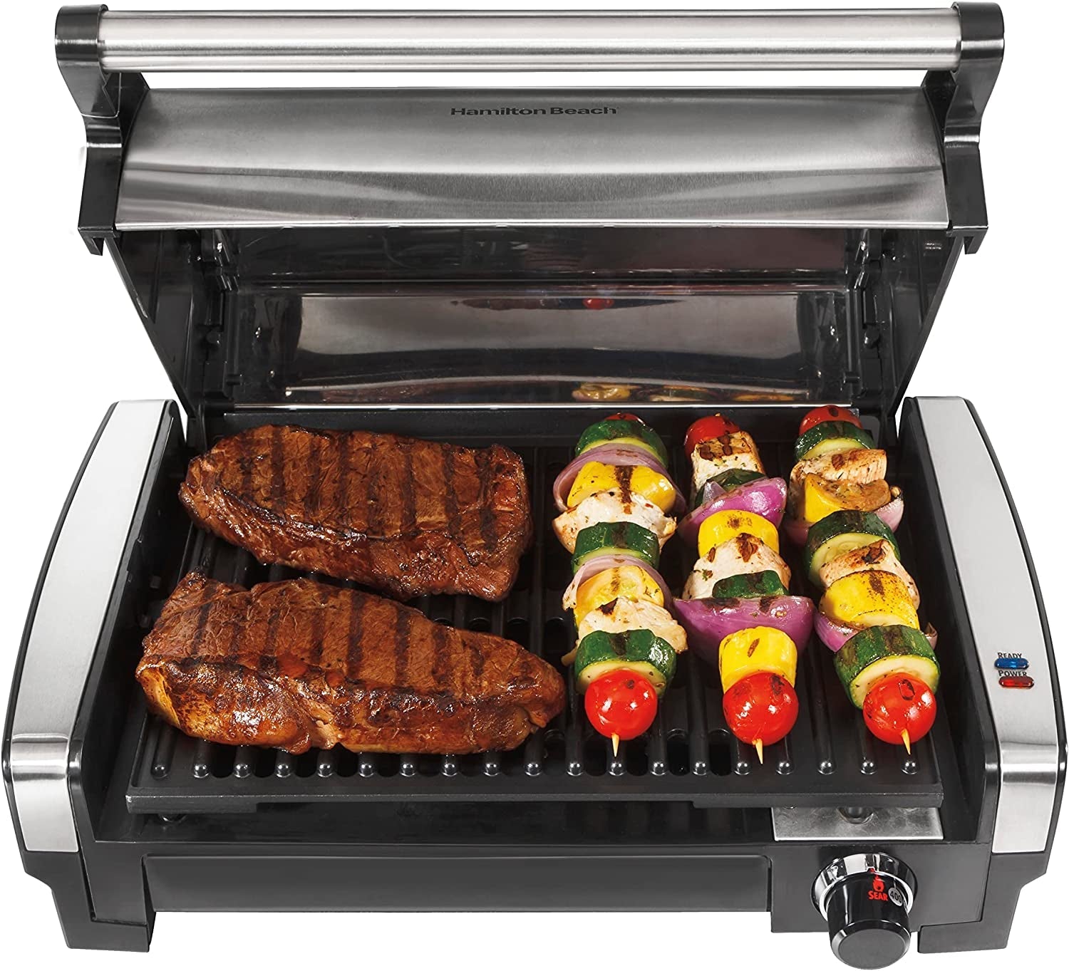Electric Indoor Searing Grill with Adjustable Temperature Control to 450F. Removable Nonstick Grate. 118 Sq. In. Surface Serves 6. Stainless Steel