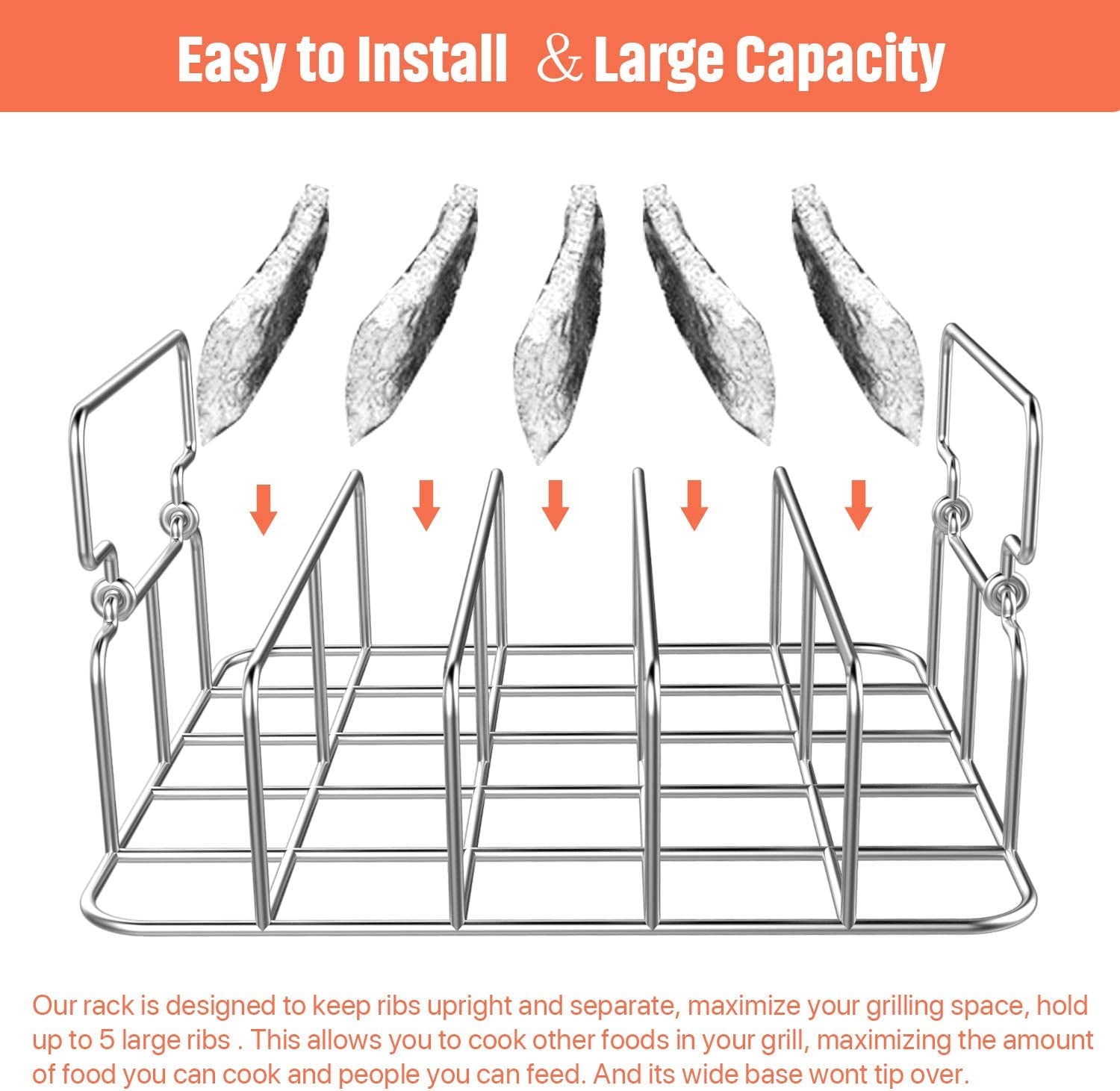 Durable Stainless Steel Rib Rack with a Silicone Oil Brush. BBQ Stand with 2 Handle for Smoker.Oven and Grill. Cook up to 5 Ribs at a Time - Image 4