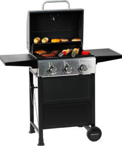 MASTER COOK 3 Burner BBQ Propane Gas Grill. Stainless Steel 30.000 BTU Patio Garden Barbecue Grill with Two Foldable Shelves
