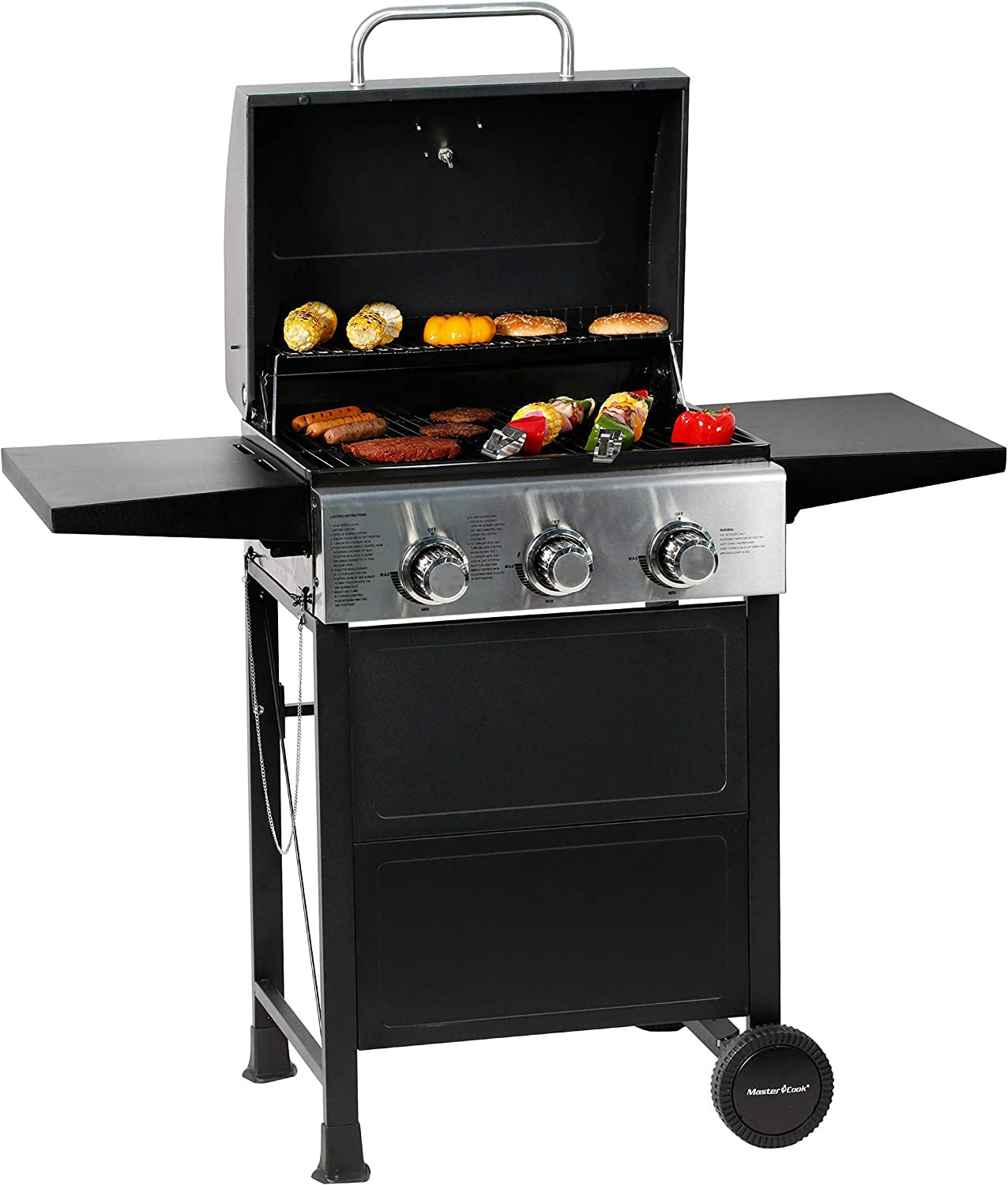 MASTER COOK 3 Burner BBQ Propane Gas Grill. Stainless Steel 30.000 BTU Patio Garden Barbecue Grill with Two Foldable Shelves