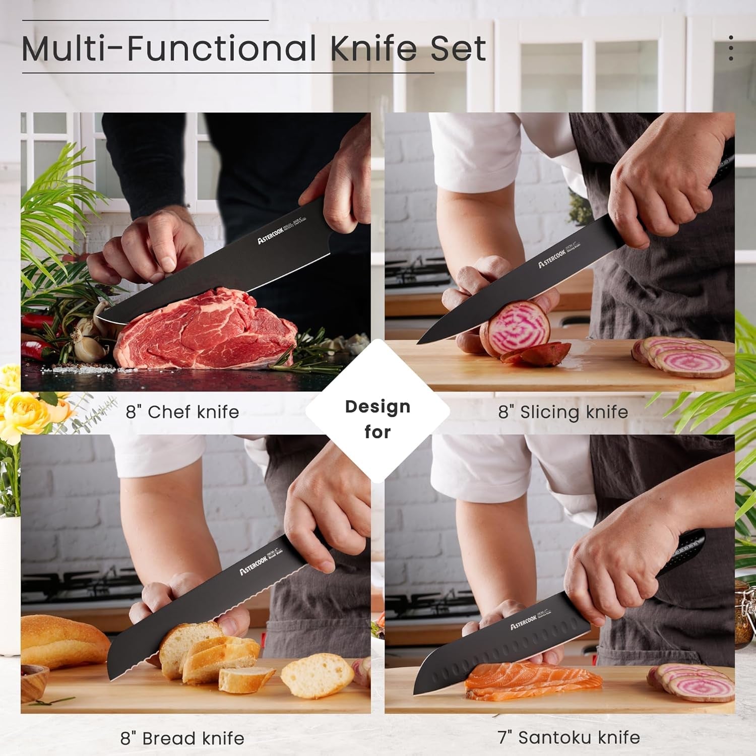 Astercook Knife Set. 15 Pieces Kitchen Knife Sets with Block and Built-In Knife Sharpener. German Stainless Steel Handle One-Piece Design Knives Block Set Dishwasher Safe. Black - Image 6