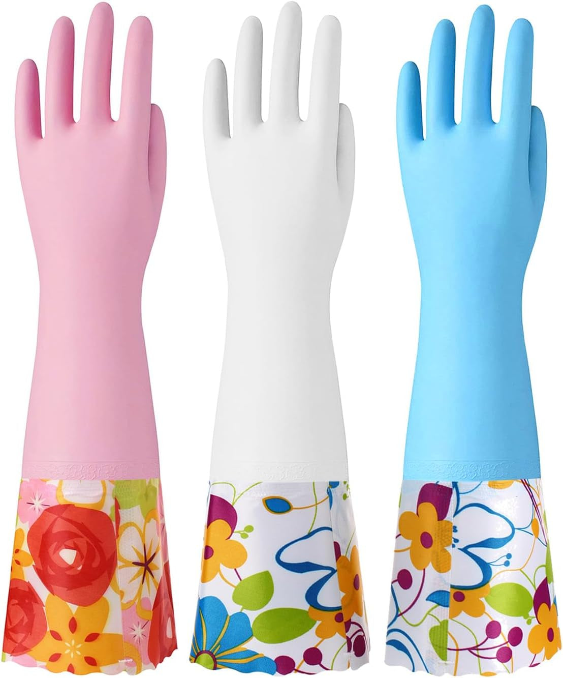 3 Pairs Rubber Cleaning Gloves. Household Kitchen Dishwashing Gloves with Cotton Flocked Liner. Long Cuff 16. Reusable. Non-Slip (Medium. Blue+Pink+White)