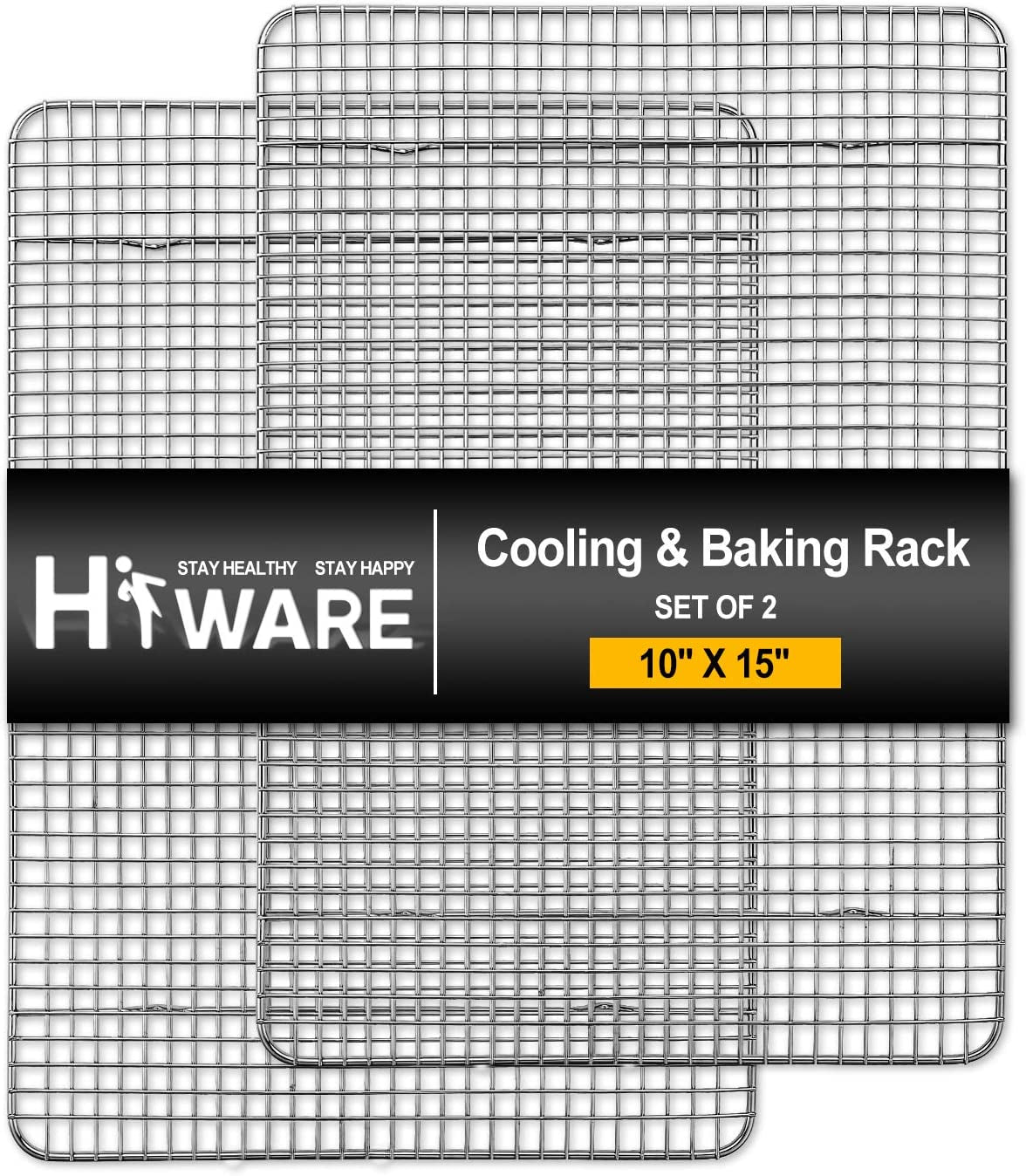 Hiware 2-Pack Cooling Racks for Baking - 10 X 15 - Stainless Steel Wire Cookie Rack Fits Jelly Roll Sheet Pan. Oven Safe for Cooking. Roasting. Grilling