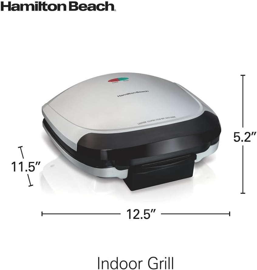 Hamilton Beach Electric Indoor Grill. 6-Serving. Large 90 Sq. In. Nonstick Easy Clean Plates. Floating Hinge for Thicker Foods. 1200 Watts. 6.38D X 12.68W X 13.78H . Silver (25371) - Image 8