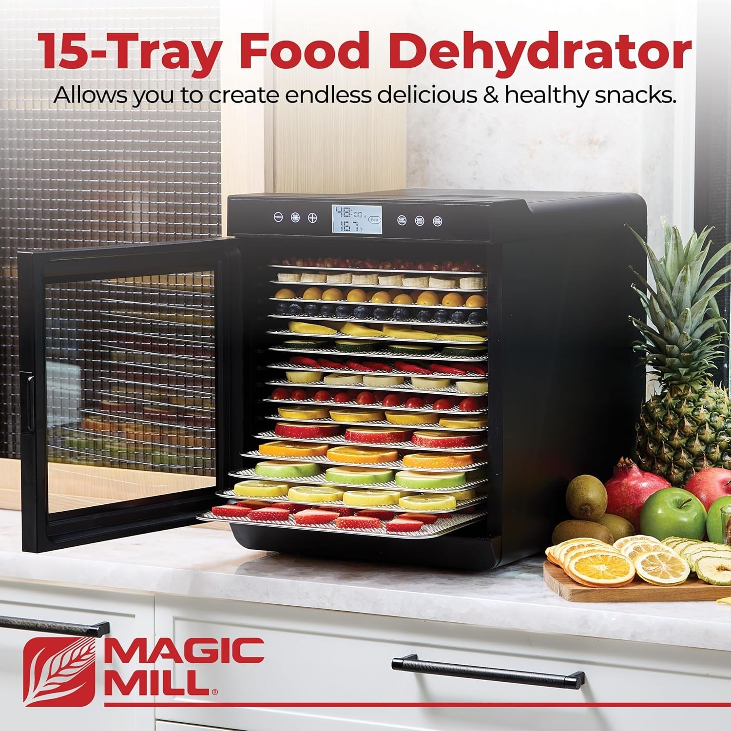 Magic Mill Food Dehydrator Machine – 800W. 15 XL Stainless Steel Trays. 48‑Hr Timer. 95°‑167°F for Jerky. Fruits & Veggies - Image 2