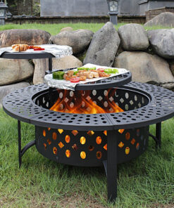 Outvue 36 Inch Fire Pit with 2 Grills. Wood Burning Fire Pits for outside with Lid. Poker and round Waterproof Cover. BBQ& Outdoor Firepit & round Metal Table 3 in 1 for Patio. Picnic. Party (36 Inch)