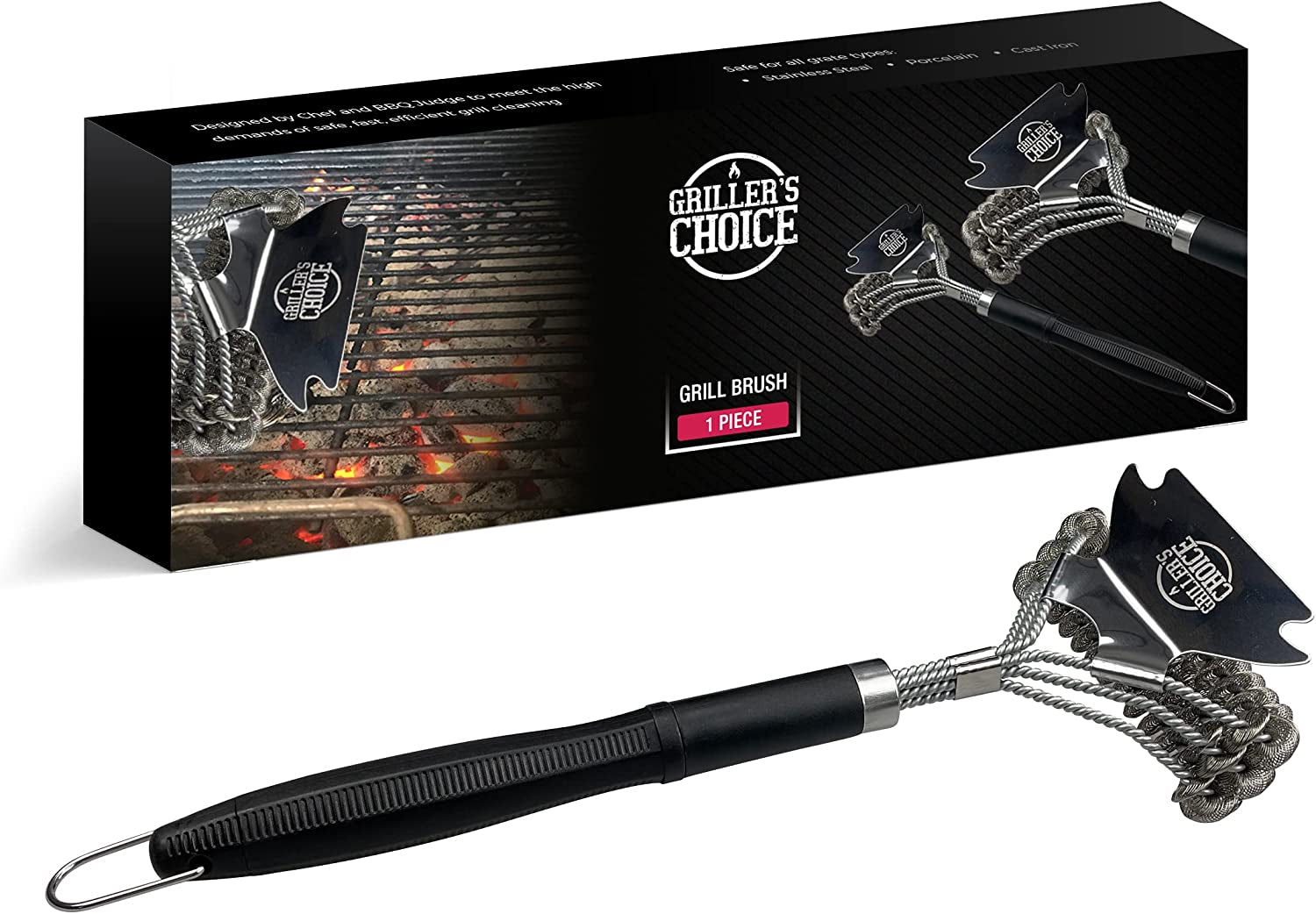 Commercial Grill Brush - 2 Headed Double Helix Coils. Bristle Free. 18 Long Handle. 3 in 1 Professional Barbecue Cleaner. Stainless Steel. All Grill Types.