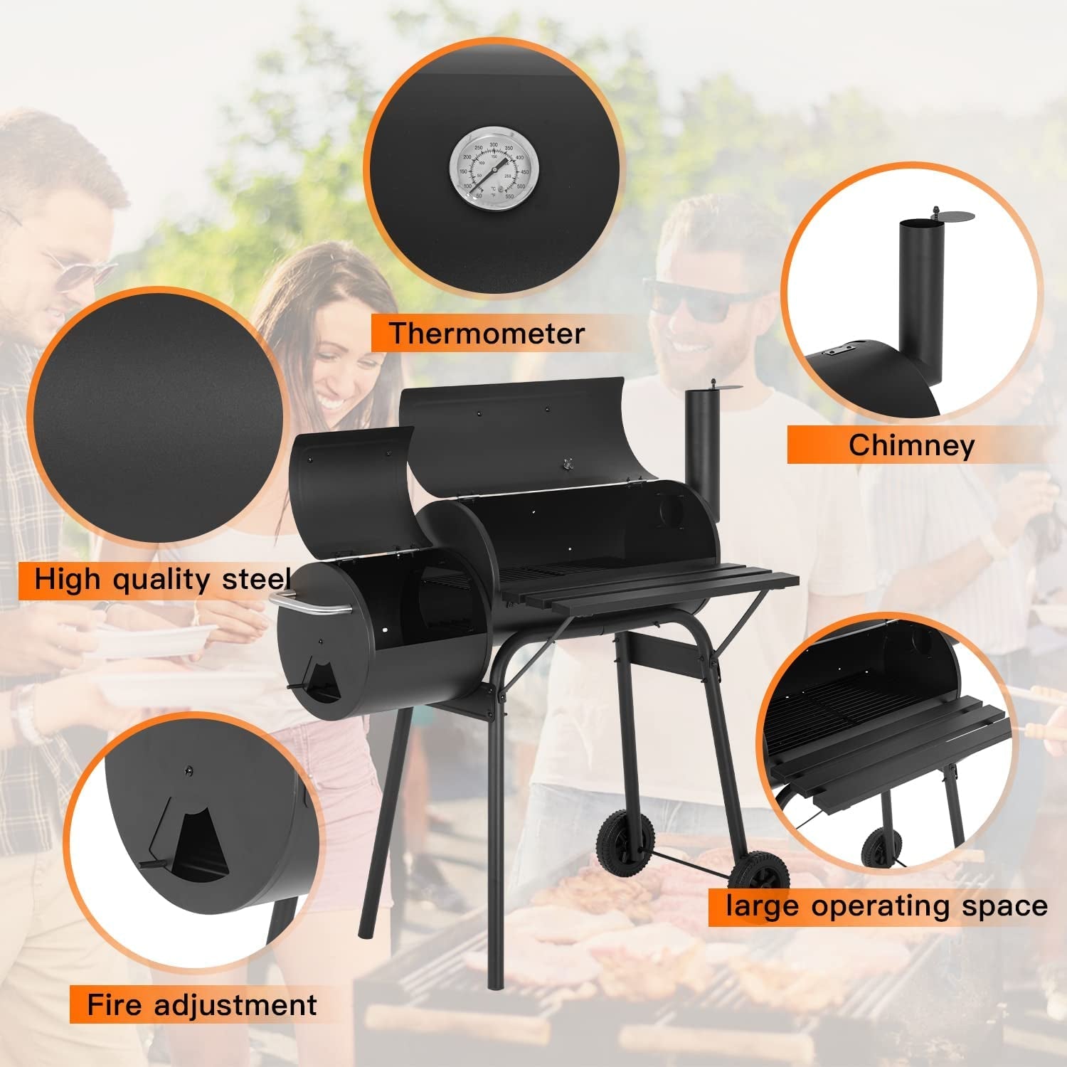 43'' Charcoal Grills Outdoor BBQ Grill Camping Grill American Braised Roast Portable Grill Offset Smoker for 6-10 People Patio Backyard Camping Picnic BBQ - Image 3