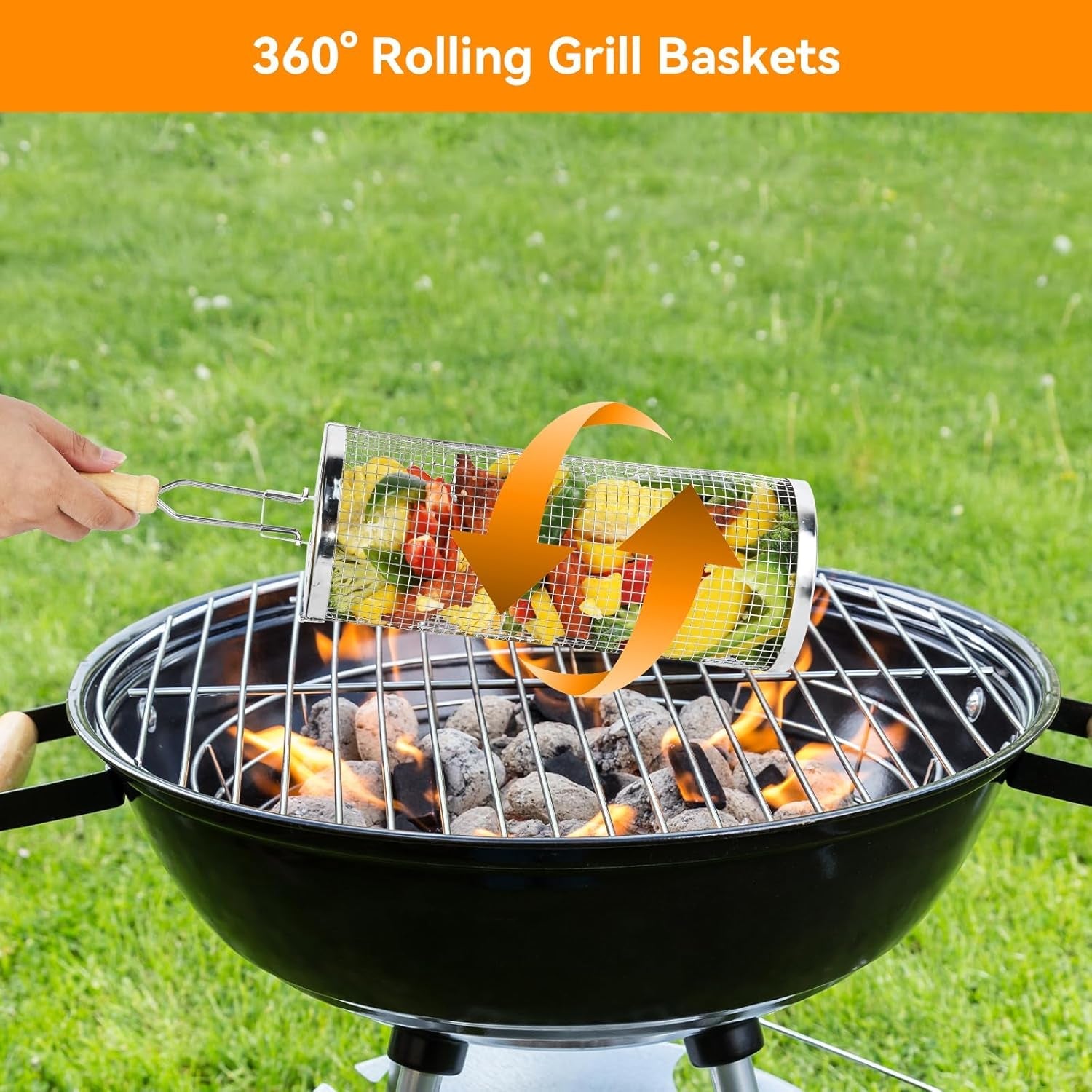 Rolling Grill Baskets for Outdoor.2 PCS BBQ Grilling Basket with Removable Wooden Handle. 5 and 3Diameter 304 Stainless Steel BBQ Net for Vegetables Seafood Meat. Camping Birthday Gifts for Men Dad Husband - Image 7