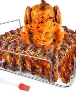 RUSFOL Beercan Chicken Roaster and Rib Rack with a Silicone Oil Brush. Square Stainless Steel BBQ Stand for Smoker.Oven and Grill. Cook up to 4 Ribs and a Whole Chicken at a Time