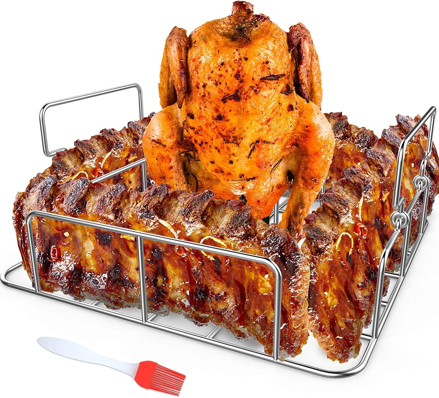 RUSFOL Beercan Chicken Roaster and Rib Rack with a Silicone Oil Brush. Square Stainless Steel BBQ Stand for Smoker.Oven and Grill. Cook up to 4 Ribs and a Whole Chicken at a Time
