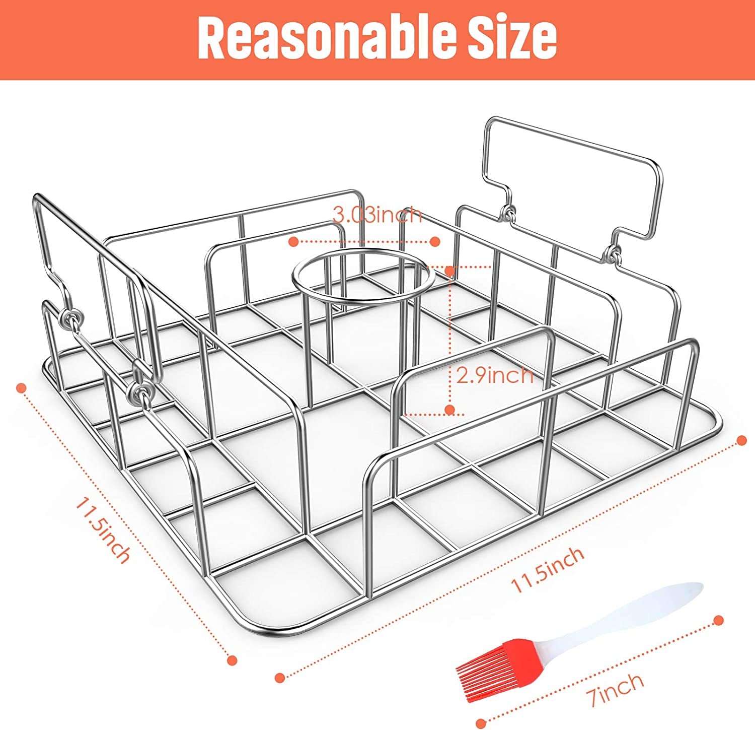 RUSFOL Beercan Chicken Roaster and Rib Rack with a Silicone Oil Brush. Square Stainless Steel BBQ Stand for Smoker.Oven and Grill. Cook up to 4 Ribs and a Whole Chicken at a Time - Image 2