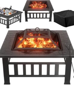 Greesum Multifunctional Patio Fire Pit Table. 32In Square Metal BBQ Firepit Stove Backyard Garden Fireplace with Spark Screen Lid and Rain Cover for Camping. Outdoor Heating. Bonfire and Picnic. Black