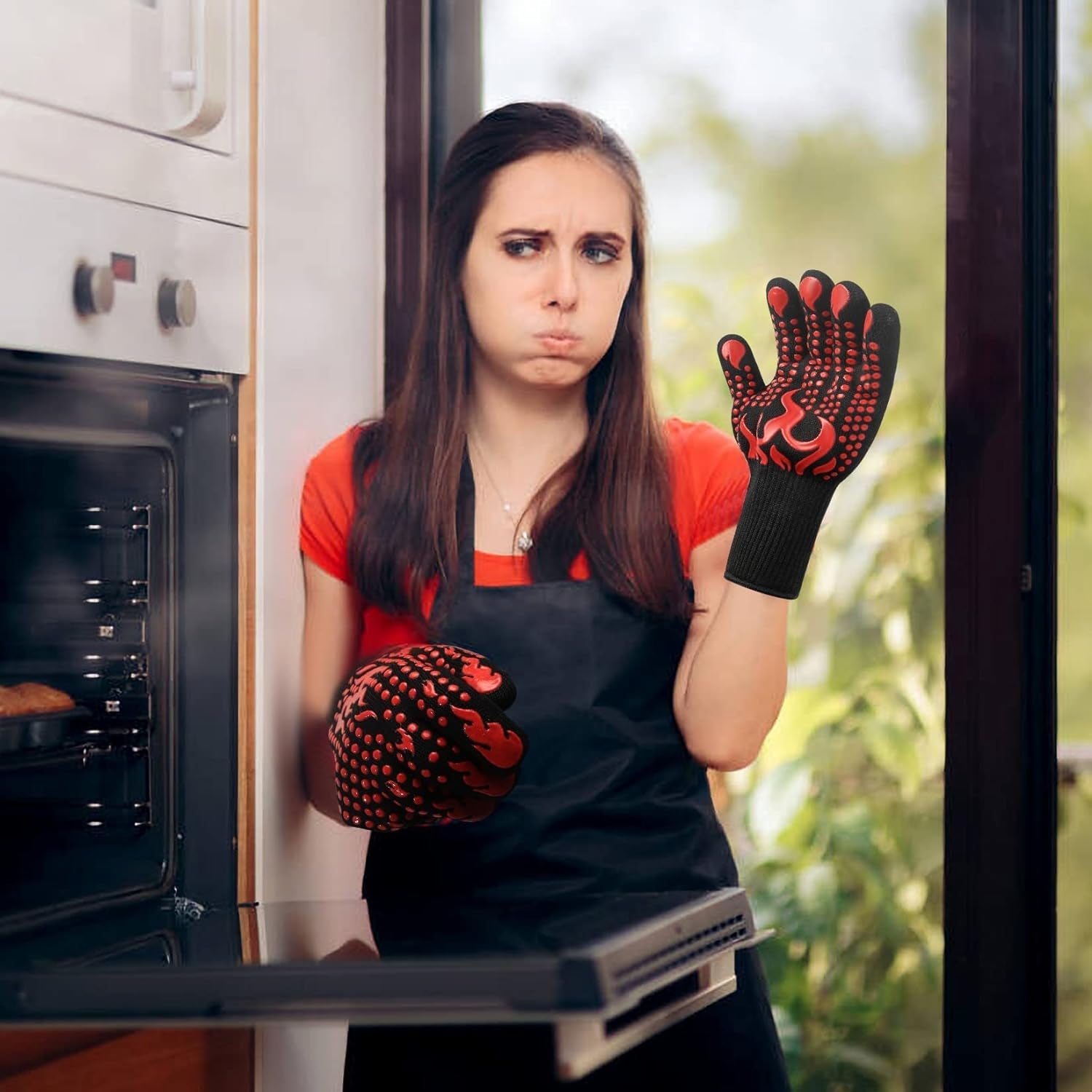 1 Pair/2 Pieces BBQ Gloves. Grilling Gloves. Heat Resistant Barbecue Oven Gloves. 1472°F/800°C Kitchen Fireproof Mitts Heat Proof for Grilling. Baking. Cooking. Welding Gloves Mitts - Red - Image 5