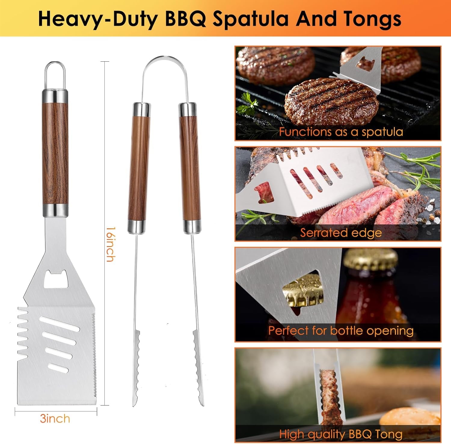 Yoehka BBQ Grilling Accessories Set. 34Pcs Heavy Duty Grill Tools for Outdoor Camping. Grilling Gifts for Men Dad. Stainless Steel Barbecue Utensils Kit with Mats and Glove in Carrying Bag. Brown - Image 2