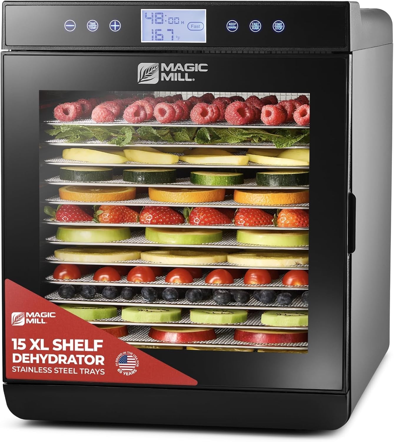 Magic Mill Food Dehydrator Machine – 800W. 15 XL Stainless Steel Trays. 48‑Hr Timer. 95°‑167°F for Jerky. Fruits & Veggies