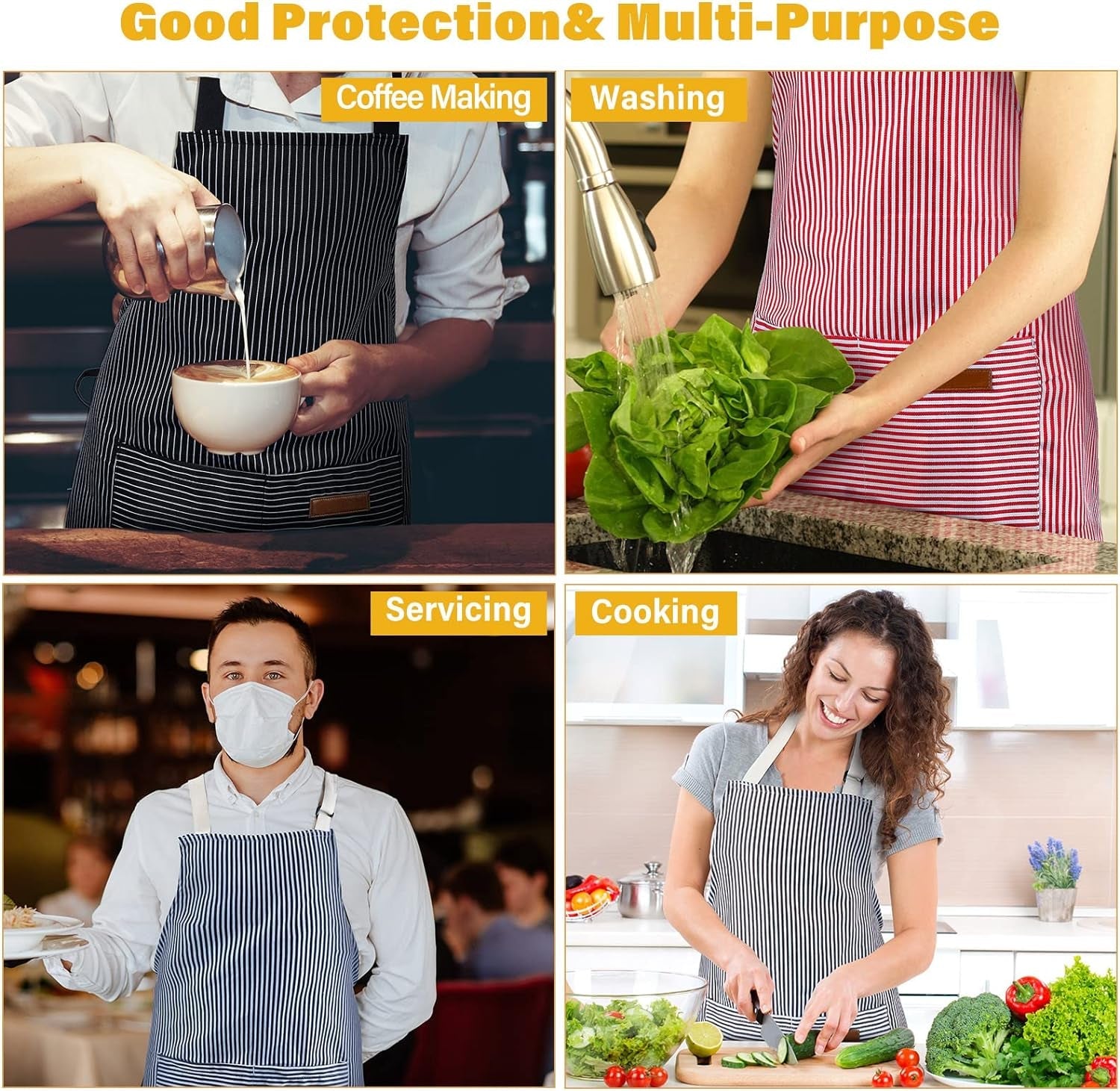 Cooking Apron with Pockets Waterproof Baking Apron Soft Chef Kitchen Aprons Cotton Polyester Blend Adjustable Bib Aprons for Women Men. Crafting BBQ. Black. Blue. Pink. Grey Stripes(4 Pcs) - Image 7