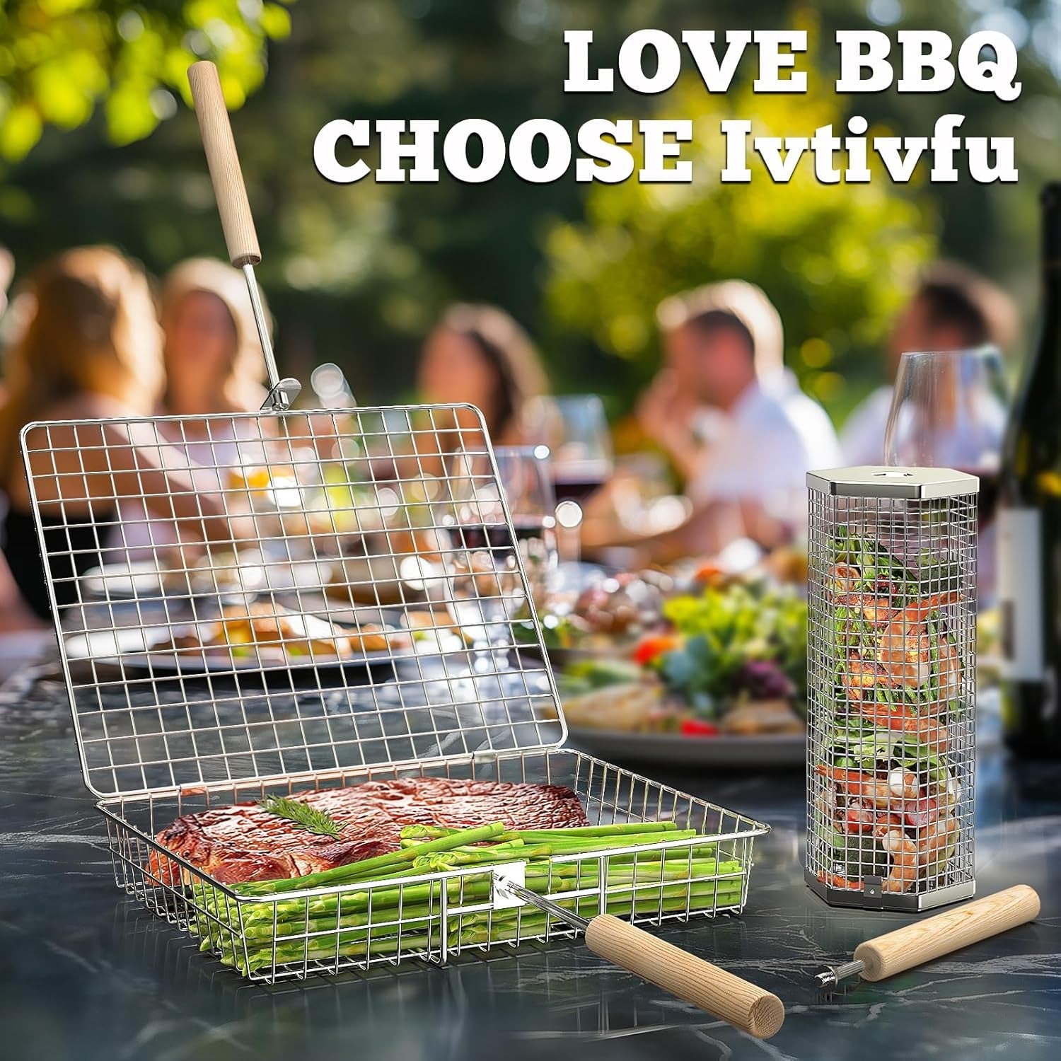 Grill Basket Set(Rectangular+Hexagon). Removable Wooden Handle. 304 Stainless Steel. Rolling Grilling Net. BBQ Accessories Tools for Vegetables Shrimp. Outdoor Cooking Camping. Birthday Gifts for Men Dad Husband - Image 6