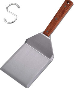 Stainless Steel Griddle Hamburger Spatula with Strong Wooden Handle. 13.5 X 5 Inches. Heavy Duty Spatula Turner with a Hook. Great for Pancake Flipper. Fish. Eggs. Burgers. Omelet and More