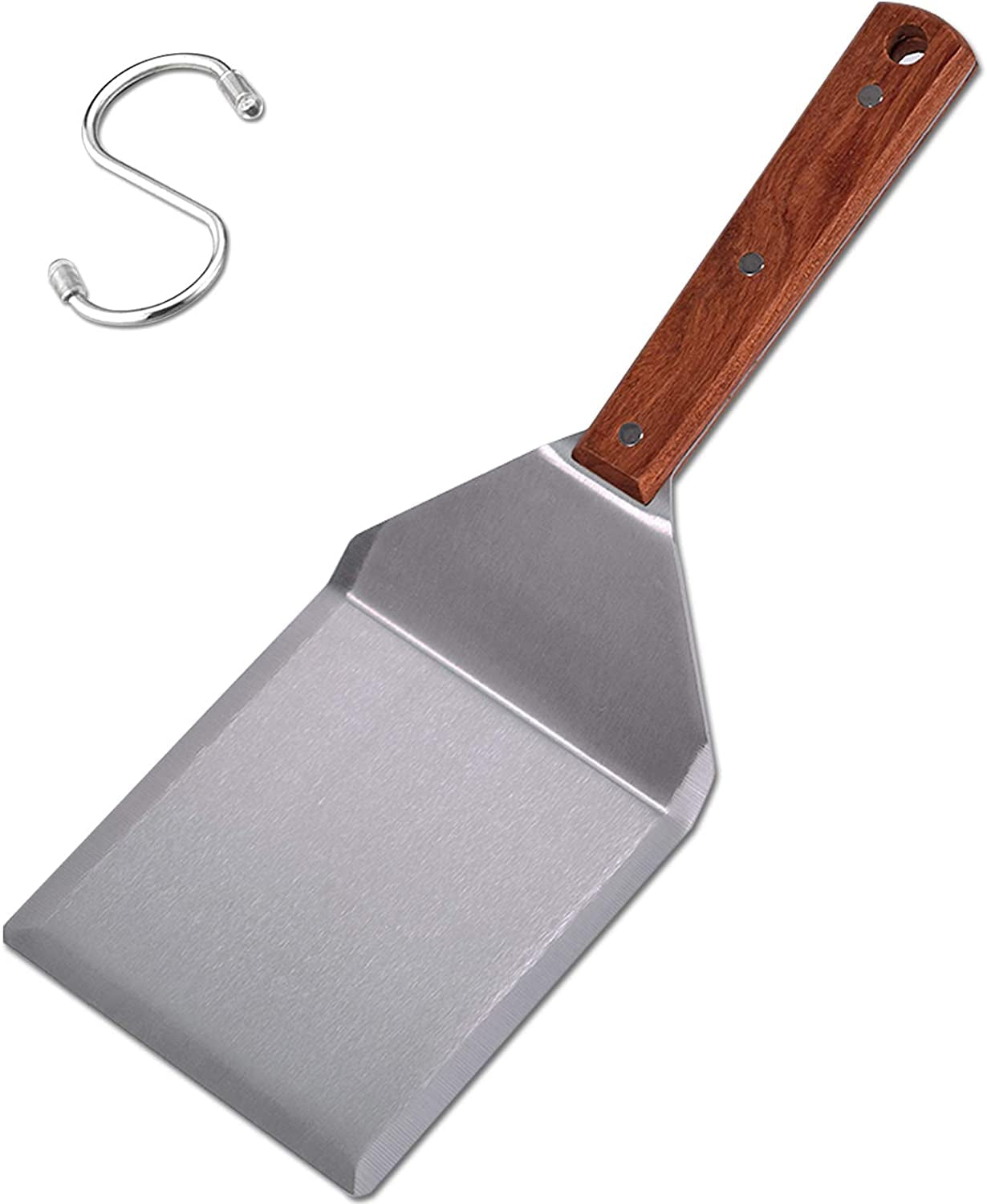 Stainless Steel Griddle Hamburger Spatula with Strong Wooden Handle. 13.5 X 5 Inches. Heavy Duty Spatula Turner with a Hook. Great for Pancake Flipper. Fish. Eggs. Burgers. Omelet and More