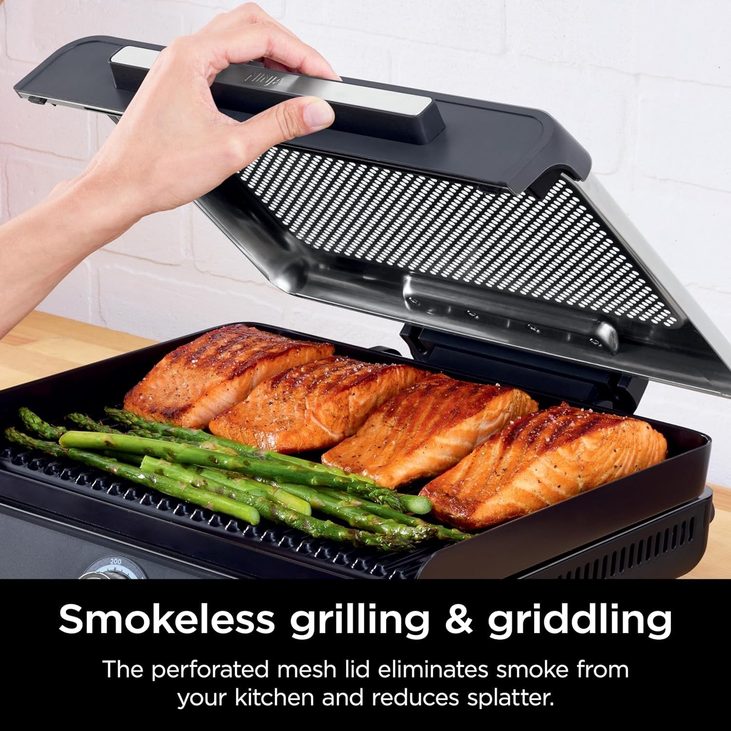 GR101 Sizzle Smokeless Indoor Grill & Griddle. 14'' Interchangeable Nonstick Grill and Griddle Plates. Dishwasher-Safe Removable Mesh Lid. 500F Max Heat. Even Edge-To-Edge Cooking. Grey/Silver - Image 4