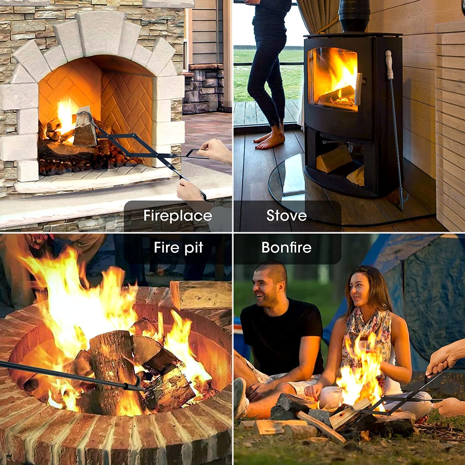 26 Fireplace Fire Pit Tongs & 32 Fire Pit Poker. Fireplace Wood Stove Firewood Tongs. Black Heavy Duty Wrought Iron Log Grabber Fire Pit Tools for Campfire. Fireplace. Bonfires. Indoor&Outdoor Use - Image 5