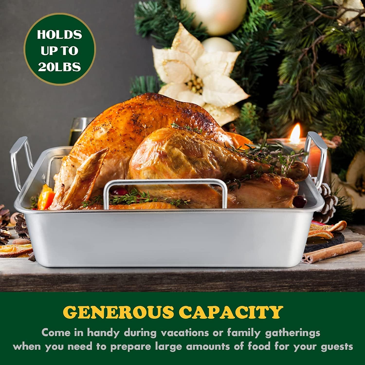 Roasting Pan. E-Far 16 X 11.5 Inch Stainless Steel Turkey Roaster with Rack - Deep Broiling Pan & V-Shaped Rack & Flat Rack. Non-Toxic & Heavy Duty. Easy Clean & Dishwasher Safe - Large - Image 4
