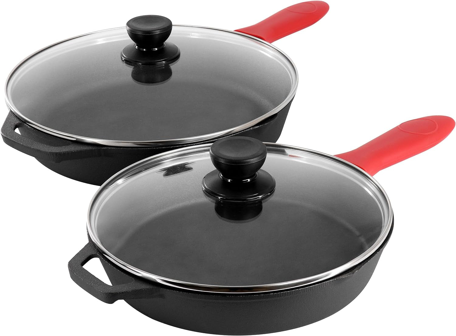 Megachef 13 Piece Pre-Seasoned Cast Iron Skillet Set with Temperd Glass Lids and Silicone Holders - Image 3